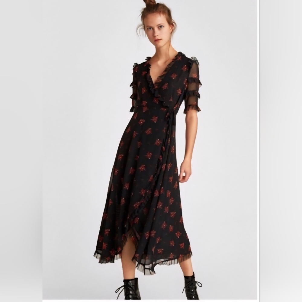 Zara Floral Flowing Long Crossover Wrap Dress